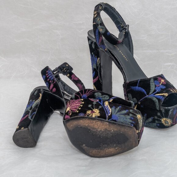 Giuseppe Zanotti Black and Blue Velvet Floral Platform Heels - Picture 8 of 9